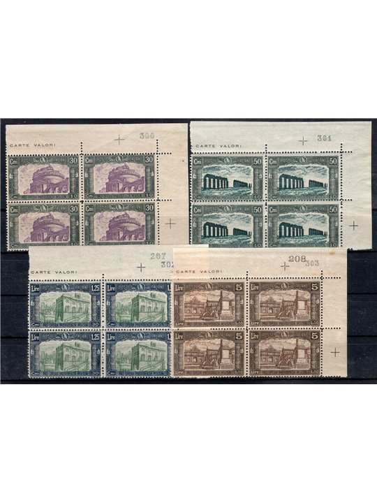Italia 1930 Milizia III serie n° 272/75 in quartina angolo superiore destro con numero di tavola (300/303) inoltre i valori da 1