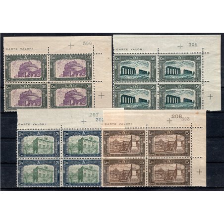 Italia 1930 Milizia III serie n° 272/75 in quartina angolo superiore destro con numero di tavola (300/303) inoltre i valori da 1