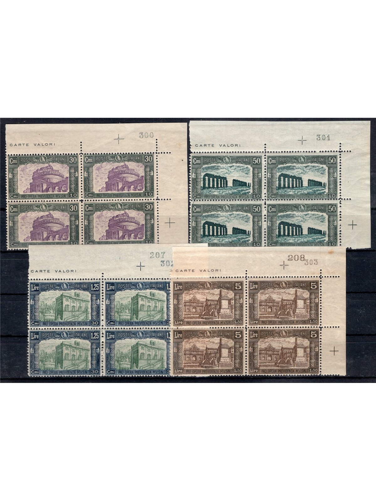 Italy 1930 Militia Series III no. 272/75 in a block of four top right-hand corner with plate number (300/303 ); furthermore the 