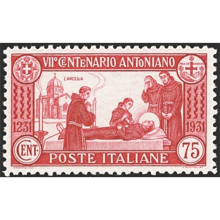 Italy 1931 St Anthony 75 c. perforation 12 no. 299 with excellent centring CiBaFil Cert. Cat. €1,125 (**)