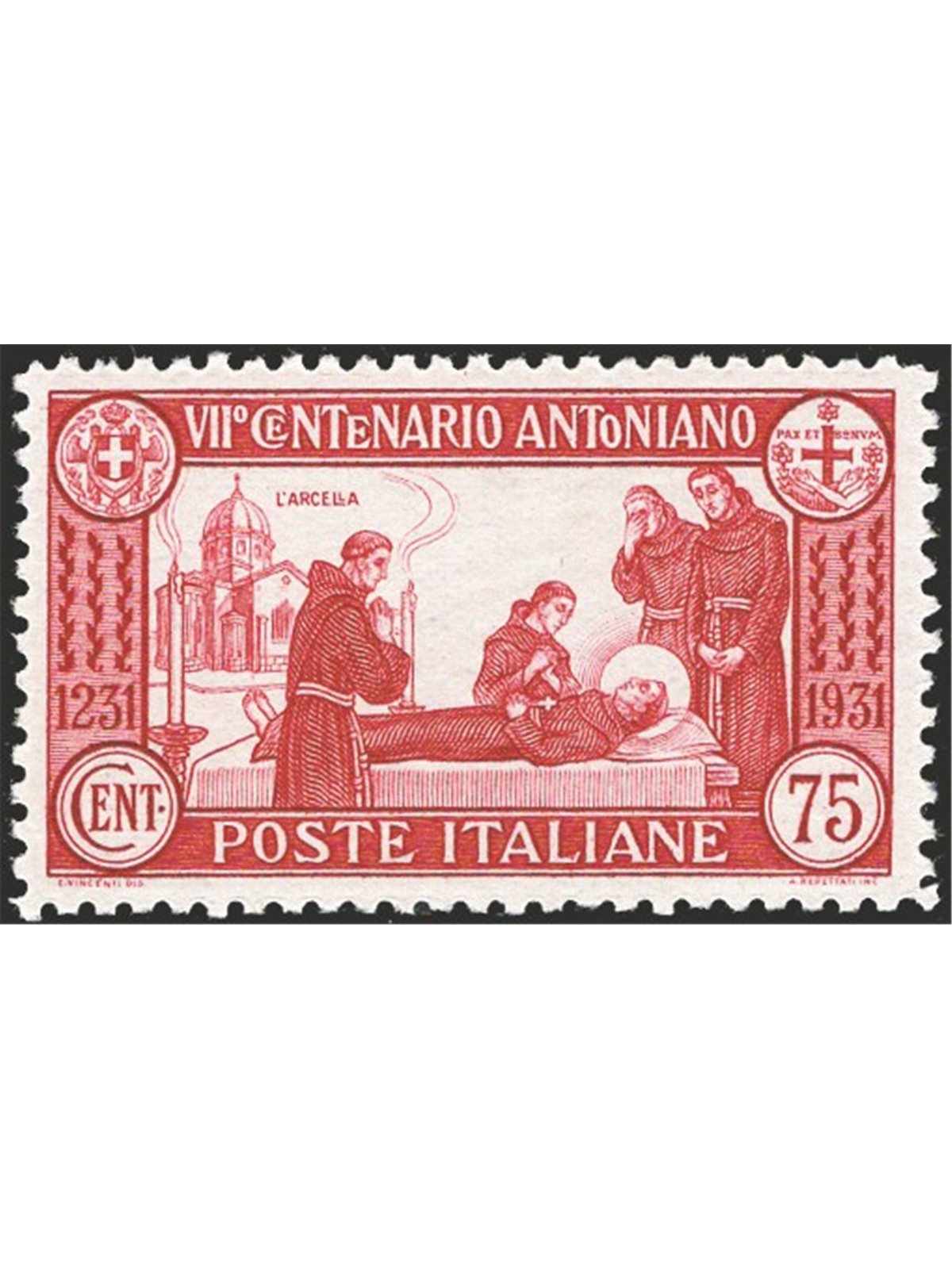 Italy 1931 St Anthony 75 c. perforation 12 no. 299 with excellent centring CiBaFil Cert. Cat. €1,125 (**)