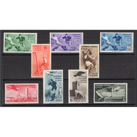Italia 1934 Calcio serie n° 357/61 + P.A. 69/71 con ottima centratura Cert. Biondi Cat. € 1.800 (**)