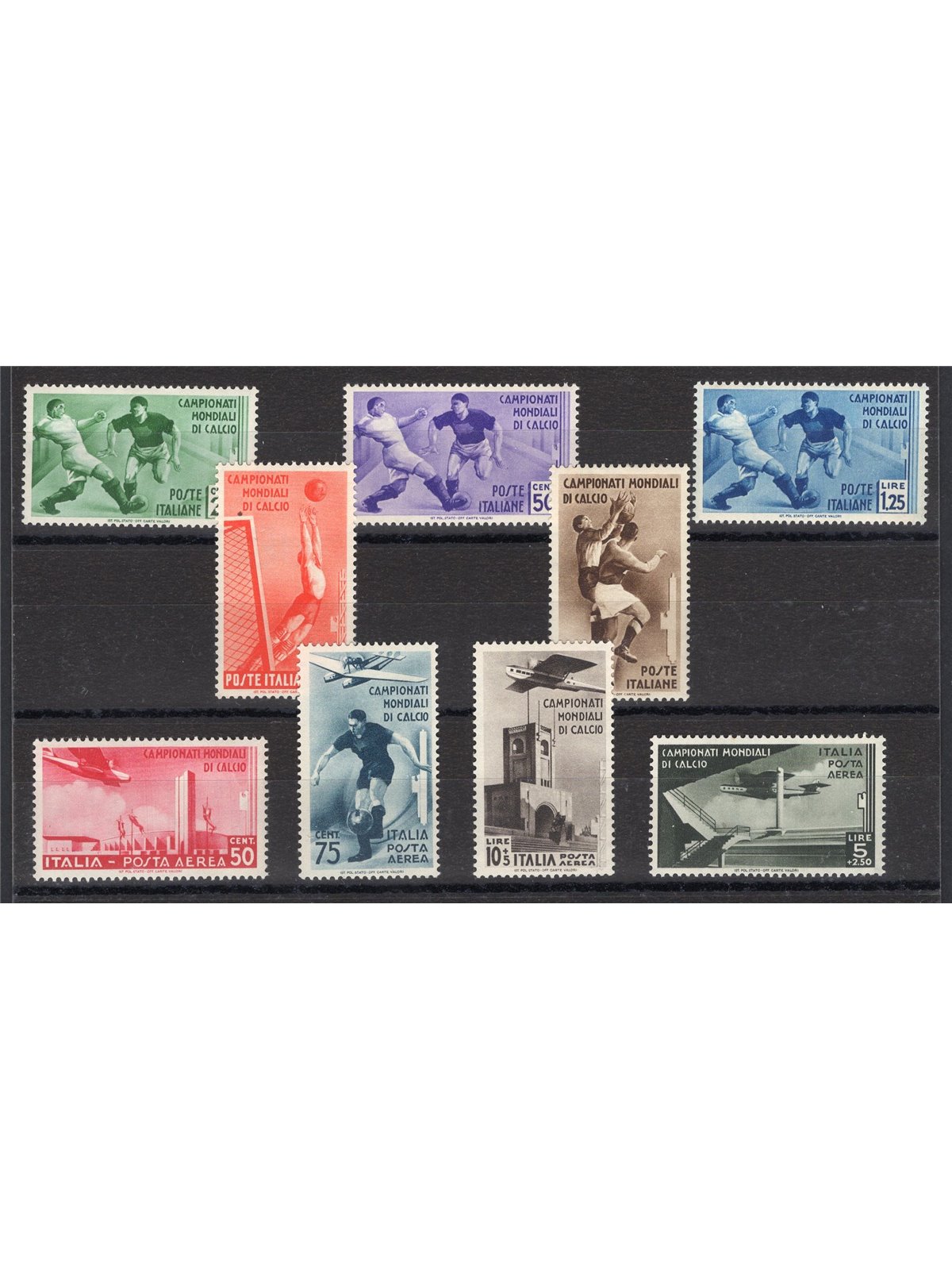 Italia 1934 Calcio serie n° 357/61 + P.A. 69/71 con ottima centratura Cert. Biondi Cat. € 1.800 (**)