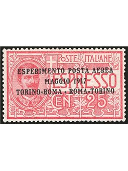 Italia 1917 P.A. Volo Torino Roma Torino n° 1 con ottima centratura Cert. CiBaFil Cat. € 270 (**)