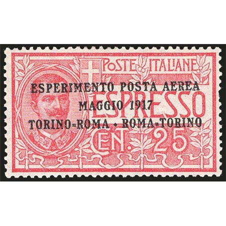 Italia 1917 P.A. Volo Torino Roma Torino n° 1 con ottima centratura Cert. CiBaFil Cat. € 270 (**)