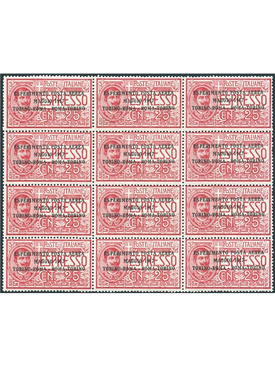Italia 1917 P.A. Volo Torino Roma Torino n° 1 in blocco di 12 con ottima centratura Cert. Biondi Cat. € 3.060 (**)