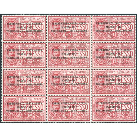 Italia 1917 P.A. Volo Torino Roma Torino n° 1 in blocco di 12 con ottima centratura Cert. Biondi Cat. € 3.060 (**)