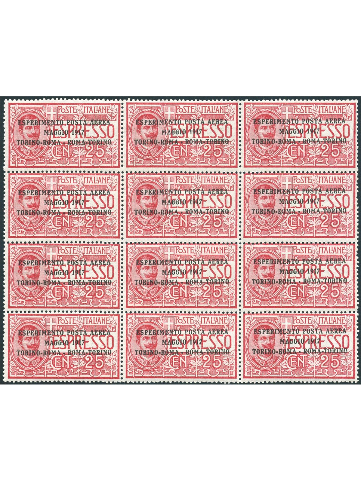 Italia 1917 P.A. Volo Torino Roma Torino n° 1 in blocco di 12 con ottima centratura Cert. Biondi Cat. € 3.060 (**)