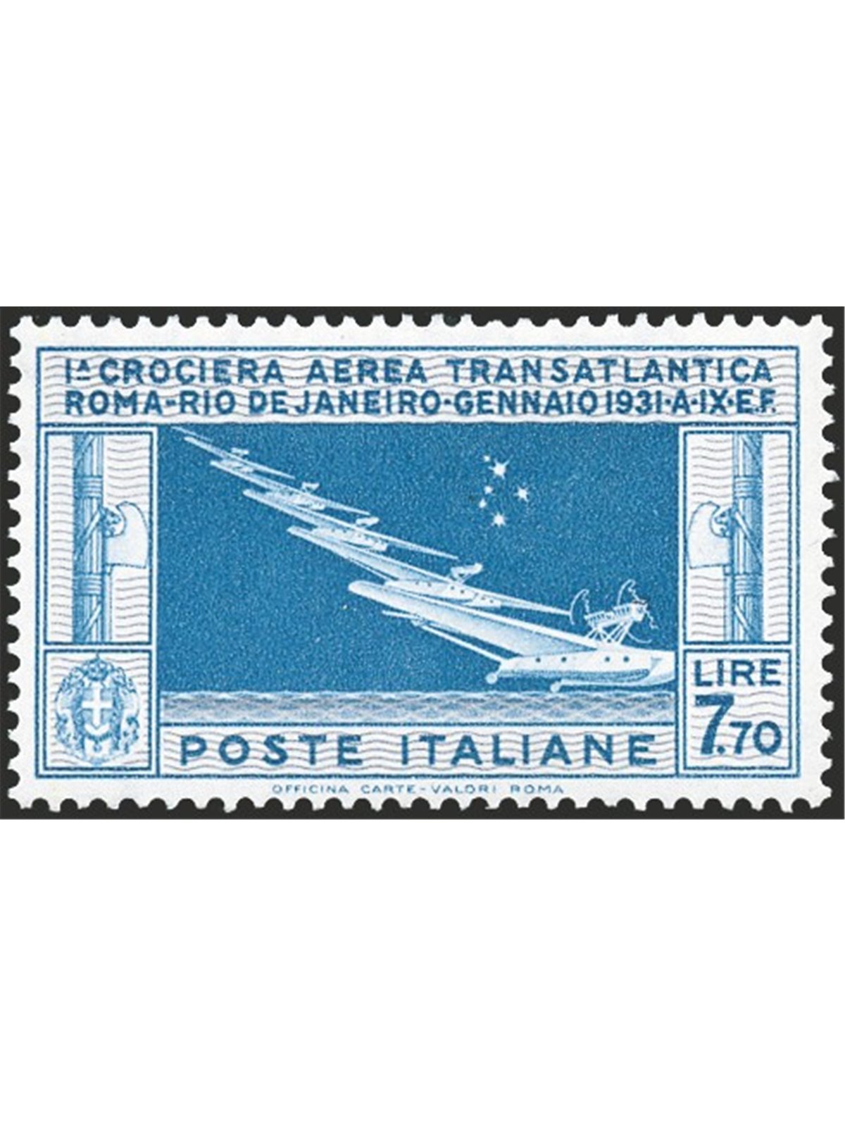 Italia 1930 P.A. Crociera Transatlantica £ 7,70 celeste e grigio n° 25 con ottima centratura Cert. Biondi Cat. € 1.625 (**)
