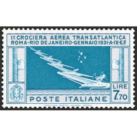 Italia 1930 P.A. Crociera Transatlantica £ 7,70 celeste e grigio n° 25 con ottima centratura Cert. CiBaFil Cat. € 1.625 (**)