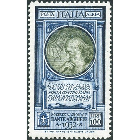 Italia 1932 P.A. Dante 100 £ n° 41 con ottima centratura Cert. Biondi Cat. € 247 (**)