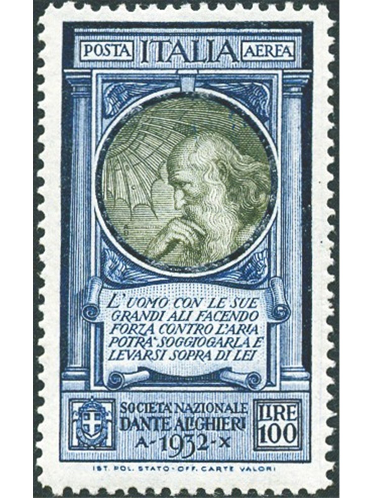 Italia 1932 P.A. Dante 100 £ n° 41 con ottima centratura Cert. Biondi Cat. € 247 (**)