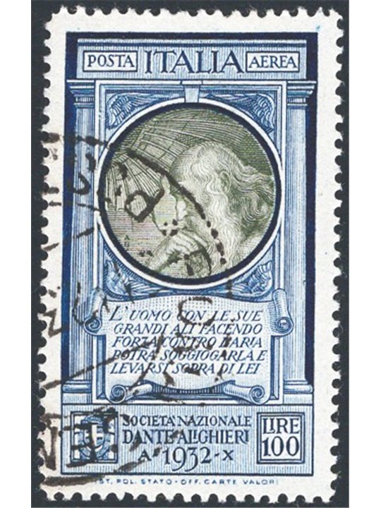 Italia 1932 P.A. Dante 100 £ n° 41 con annullo originale di “Roma Centro” Cert. CiBaFil Cat. € 1.650 (U)