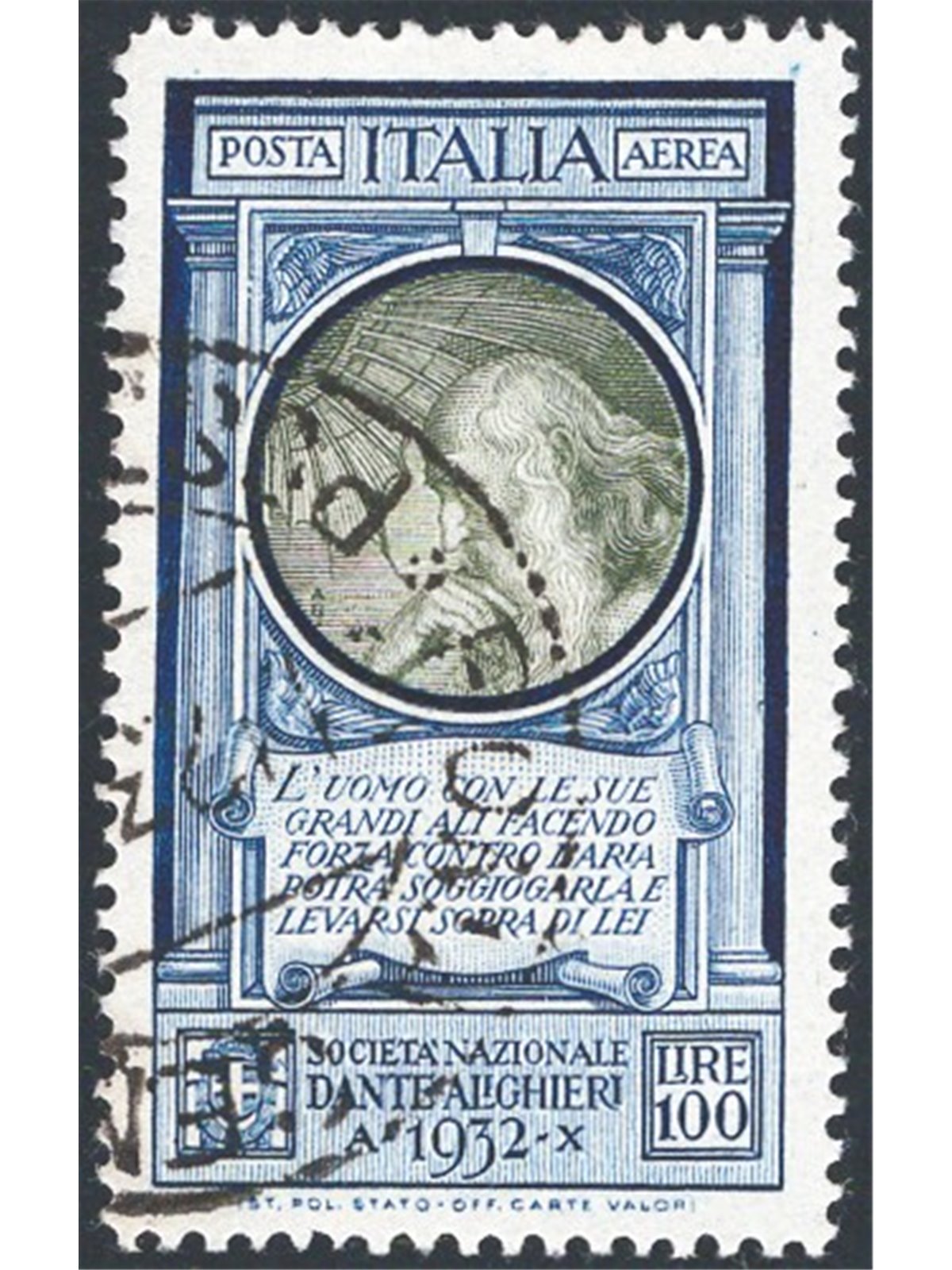 Italia 1932 P.A. Dante 100 £ n° 41 con annullo originale di “Roma Centro” Cert. CiBaFil Cat. € 1.650 (U)