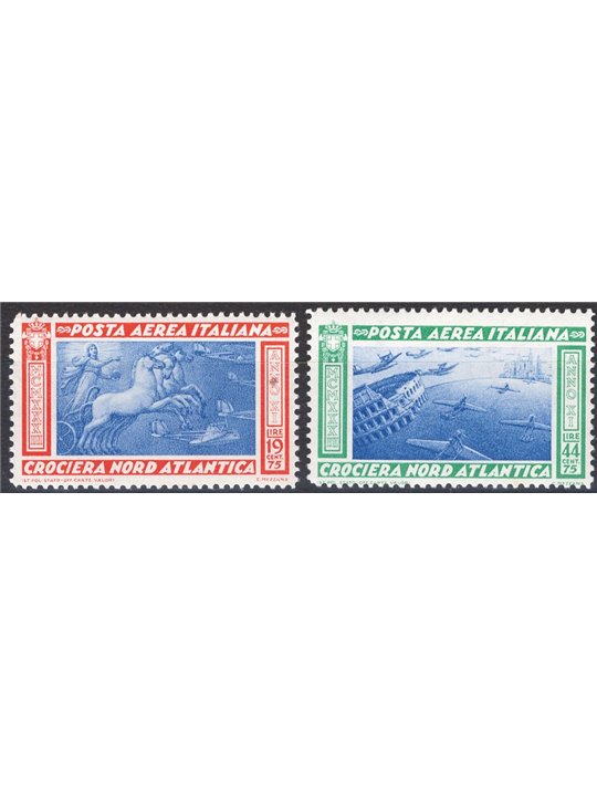 Italia 1933 P.A. Crociera Balbo le pale di destra dei due trittici con i valori postali della sovrattassa aerea per l'Europa e l