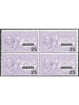 Italia 1917 Espressi Vitt. Emanuele 25 c. su 40 violetto n° 3 in quartina Cert. CiBaFil Cat. € 875 (**)