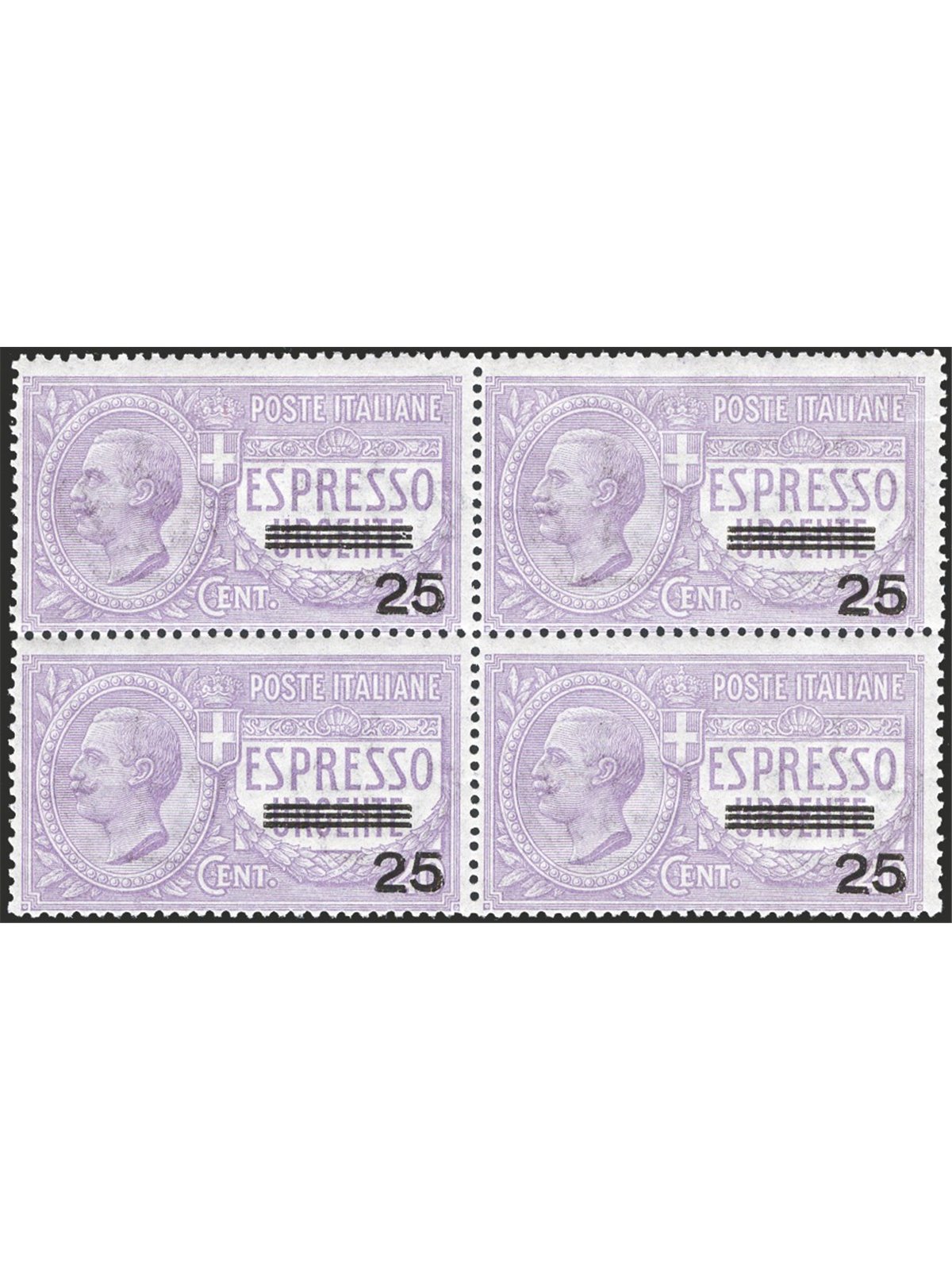 Italy 1917 Express Stamps Victor Emanuele 25 c. on 40 violet No. 3 in a block of four CiBaFil Certificate Cat. € 875 (**)