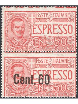Italy 1922 Express Stamps 60 c. on 50 red vertical pair with the upper stamp lacking the overprint no. 6e CiBaFil Certified Cata