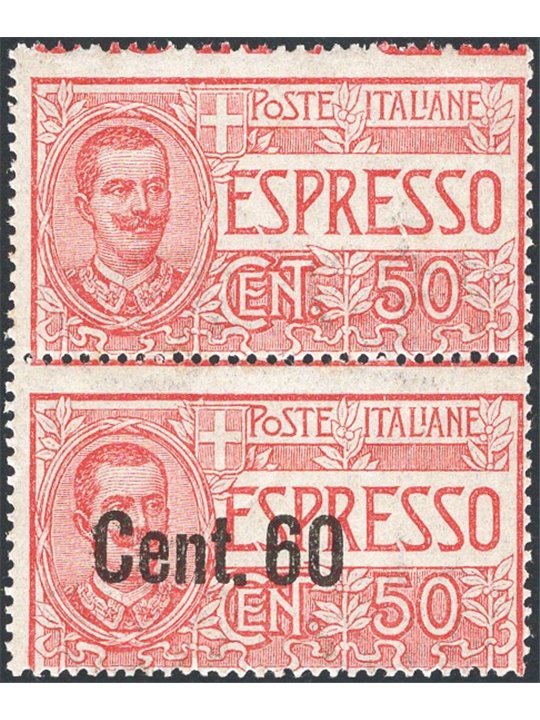 Italia 1922 Espressi 60 c. su 50 rosso coppia verticale con l'esemplare superiore senza soprast. n° 6e Cert. CiBaFil Cat. € 4.50