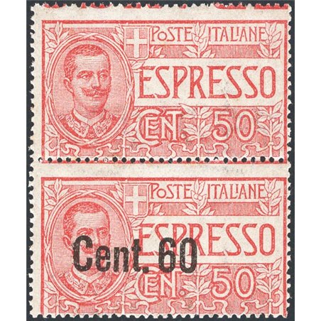 Italy 1922 Express Stamps 60 c. on 50 red vertical pair with the upper stamp lacking the overprint no. 6e CiBaFil Certified Cata