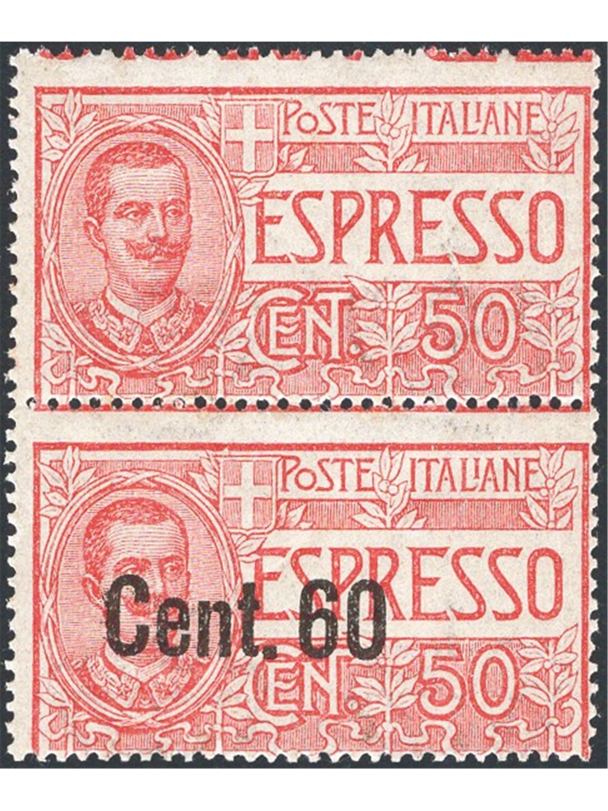 Italia 1922 Espressi 60 c. su 50 rosso coppia verticale con l'esemplare superiore senza soprast. n° 6e Cert. CiBaFil Cat. € 4.50