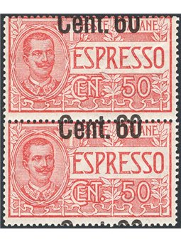Italia 1922 Espressi 60 c. su 50 in coppia verticale con soprast. fortemente spostata in alto n° 6eaa Cert. CiBaFil Cat. € 1.350
