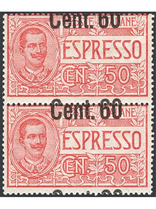 Italia 1922 Espressi 60 c. su 50 in coppia verticale con soprast. fortemente spostata in alto n° 6eaa Cert. CiBaFil Cat. € 1.350