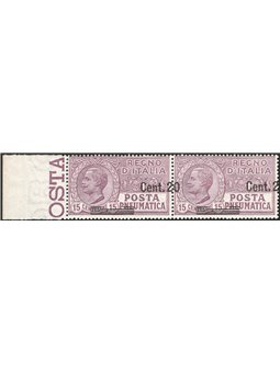 Italia 1925 Posta pneumatica Vitt. Emanuele 20 c. su 15 bruno violetto coppia orizzontale con soprast. fortemente spostata a des