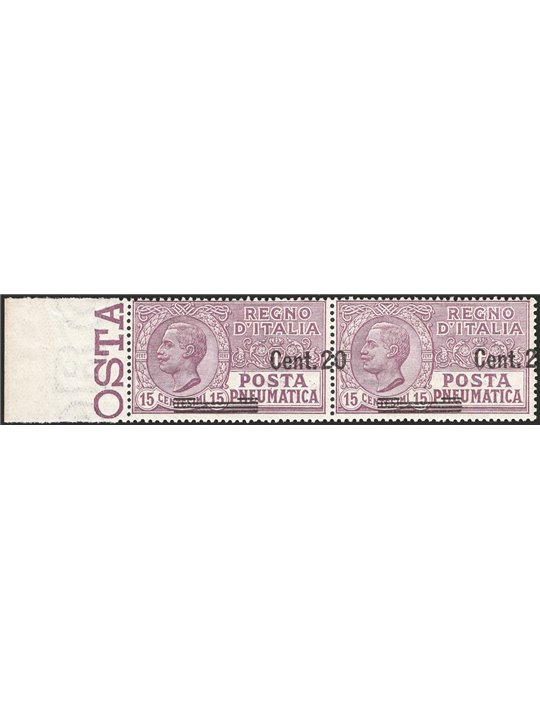 Italia 1925 Posta pneumatica Vitt. Emanuele 20 c. su 15 bruno violetto coppia orizzontale con soprast. fortemente spostata a des