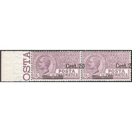 Italia 1925 Posta pneumatica Vitt. Emanuele 20 c. su 15 bruno violetto coppia orizzontale con soprast. fortemente spostata a des