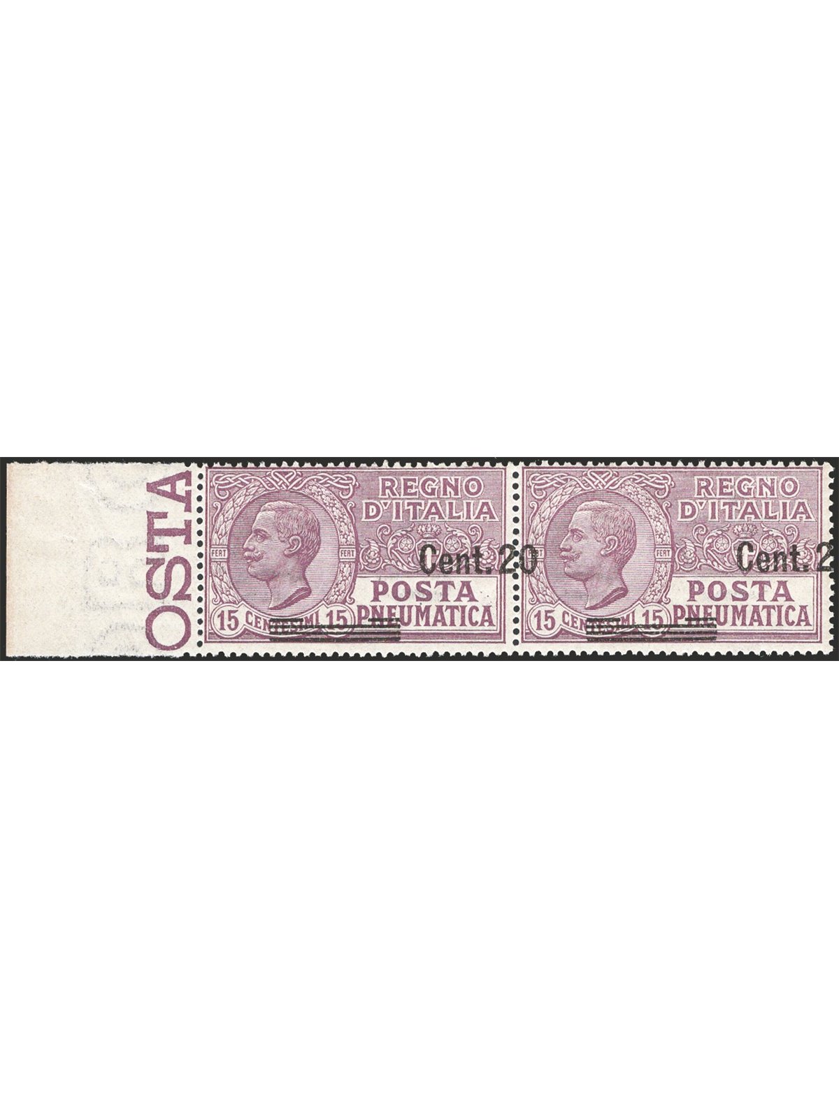 Italia 1925 Posta pneumatica Vitt. Emanuele 20 c. su 15 bruno violetto coppia orizzontale con soprast. fortemente spostata a des