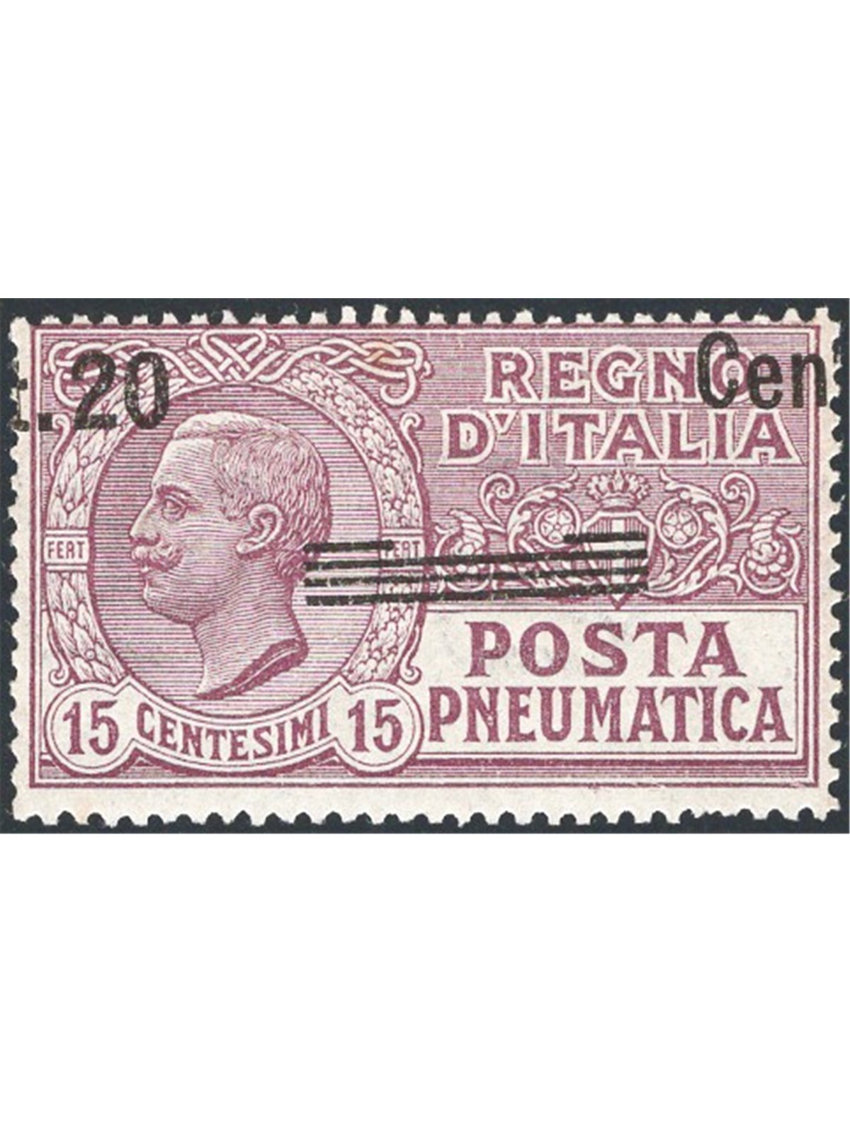 Italia 1925 Posta pneumatica Vitt. Emanuele 20 c. su 15 bruno violetto con soprast. fortemente spostata in alto e a destra deter