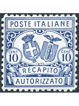 Italia 1928 Recapito autorizzato 10 c. azzurro dent. 11 n° 1 con ottima centratura Cert. Biondi Cat. € 500 (**)