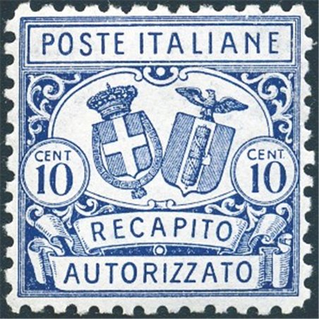 Italia 1928 Recapito autorizzato 10 c. azzurro dent. 11 n° 1 con ottima centratura Cert. Biondi Cat. € 500 (**)