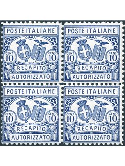 Italy 1928 Authorised Delivery 10 c. light blue perforation 11 No. 1 in a block of four Biondi Certificate Cat. €1,000 (**)