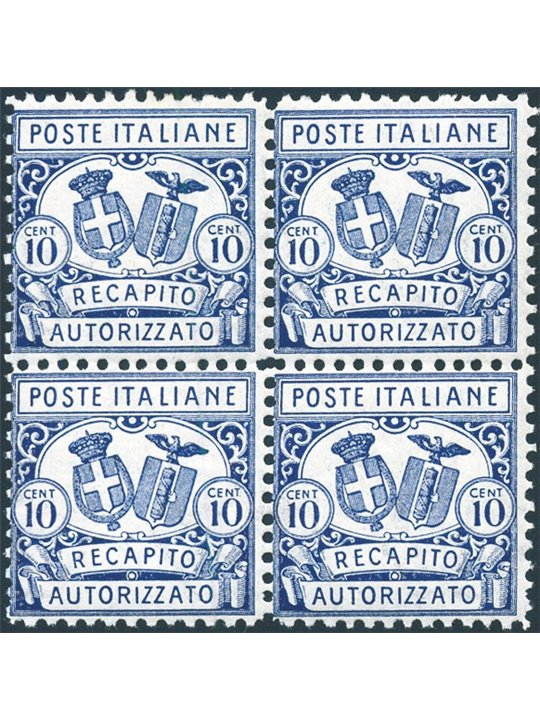 Italia 1928 Recapito autorizzato 10 c. azzurro dent. 11 n° 1 in quartina Cert. Biondi Cat. € 1.000 (**)