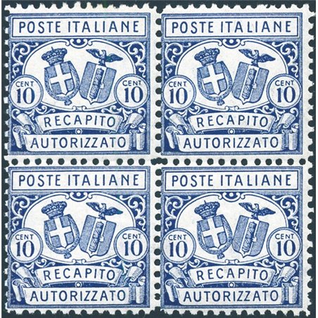 Italy 1928 Authorised Delivery 10 c. light blue perforation 11 No. 1 in a block of four Biondi Certificate Cat. €1,000 (**)