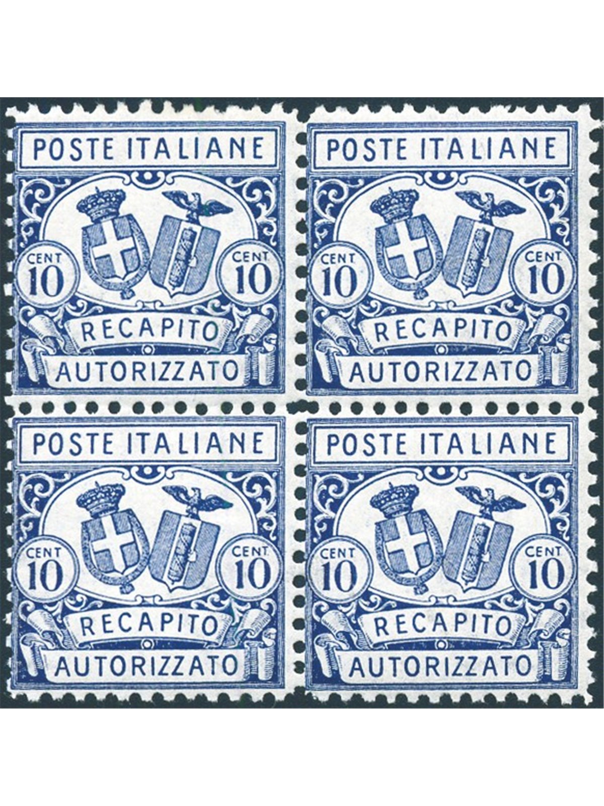 Italia 1928 Recapito autorizzato 10 c. azzurro dent. 11 n° 1 in quartina Cert. Biondi Cat. € 1.000 (**)
