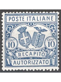 Italia 1928 Recapito autorizzato 10 c. azzurro dent. 14 n° 2 Cat. € 50 (**)