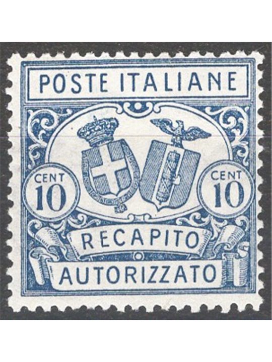 Italia 1928 Recapito autorizzato 10 c. azzurro dent. 14 n° 2 Cat. € 50 (**)