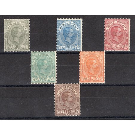 Italia 1884/86 Pacchi postali Umberto I serie n° 1/6 Cert. CiBaFil Cat. € 1.358 (**)