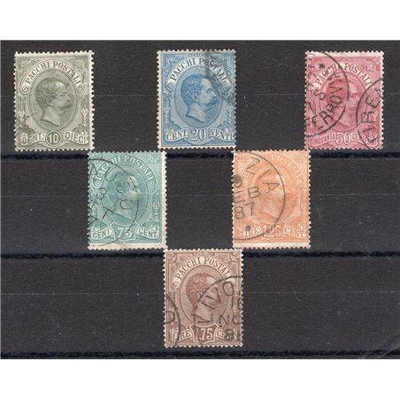 Italia 1884/86 Pacchi postali Umberto I serie n° 1/6 Cert. CiBaFil Cat. € 575 (U)