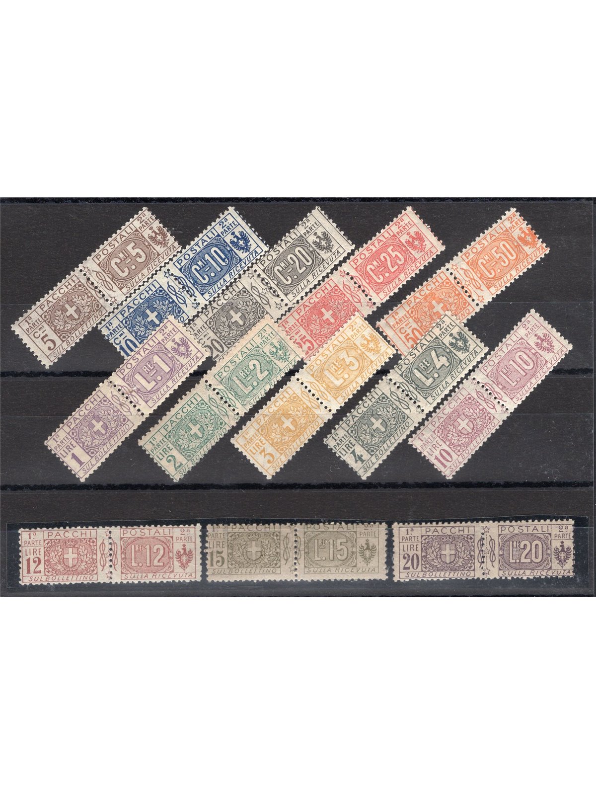Italia 1914/22 Pacchi postali nodo di Savoia serie n° 7/19 Cert. Biondi Cat. € 2.750 (**)