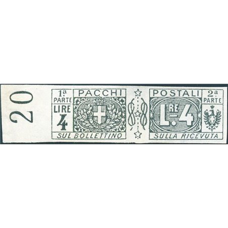 Italia 1914 Pacchi postali 4 £ non dent. n° 15f Cert. Biondi Cat. € 675 (**)