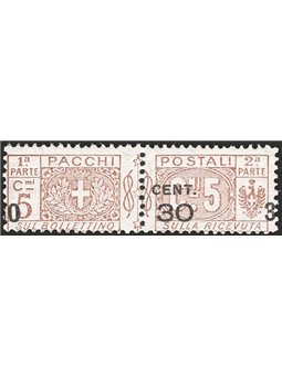 Italia 1923 Pacchi postali 30 c. su 5 c. bruno con soprast. fortemente spostata a sinistra “O 30 3” n° 20ge Cert. CiBaFil Cat. €