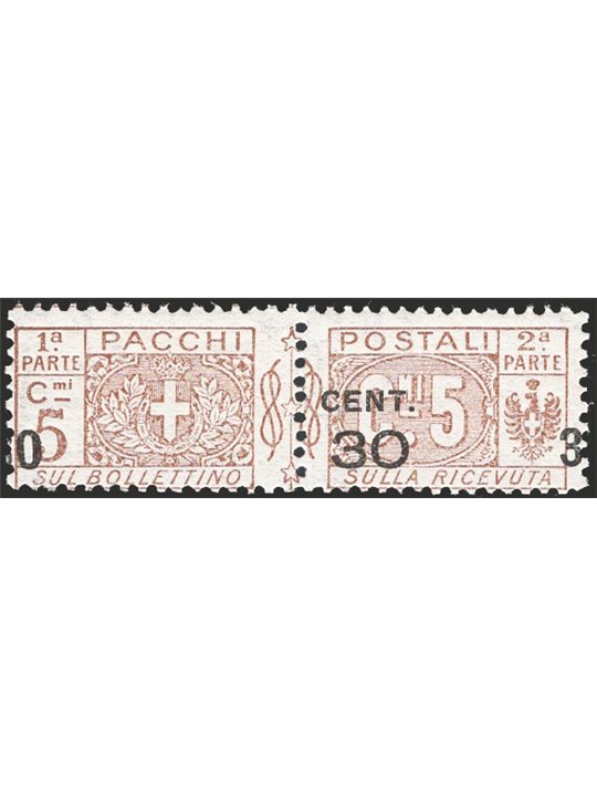 Italia 1923 Pacchi postali 30 c. su 5 c. bruno con soprast. fortemente spostata a sinistra “O 30 3” n° 20ge Cert. CiBaFil Cat. €