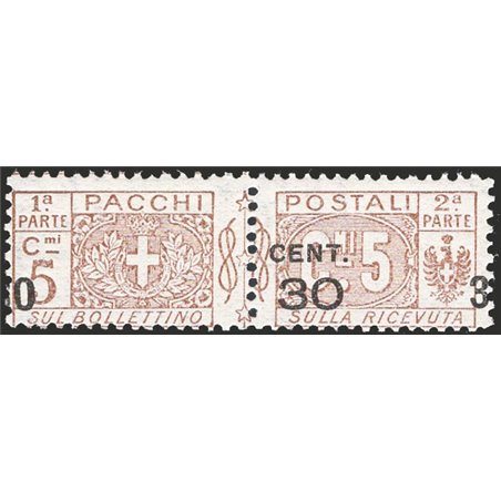Italia 1923 Pacchi postali 30 c. su 5 c. bruno con soprast. fortemente spostata a sinistra “O 30 3” n° 20ge Cert. CiBaFil Cat. €