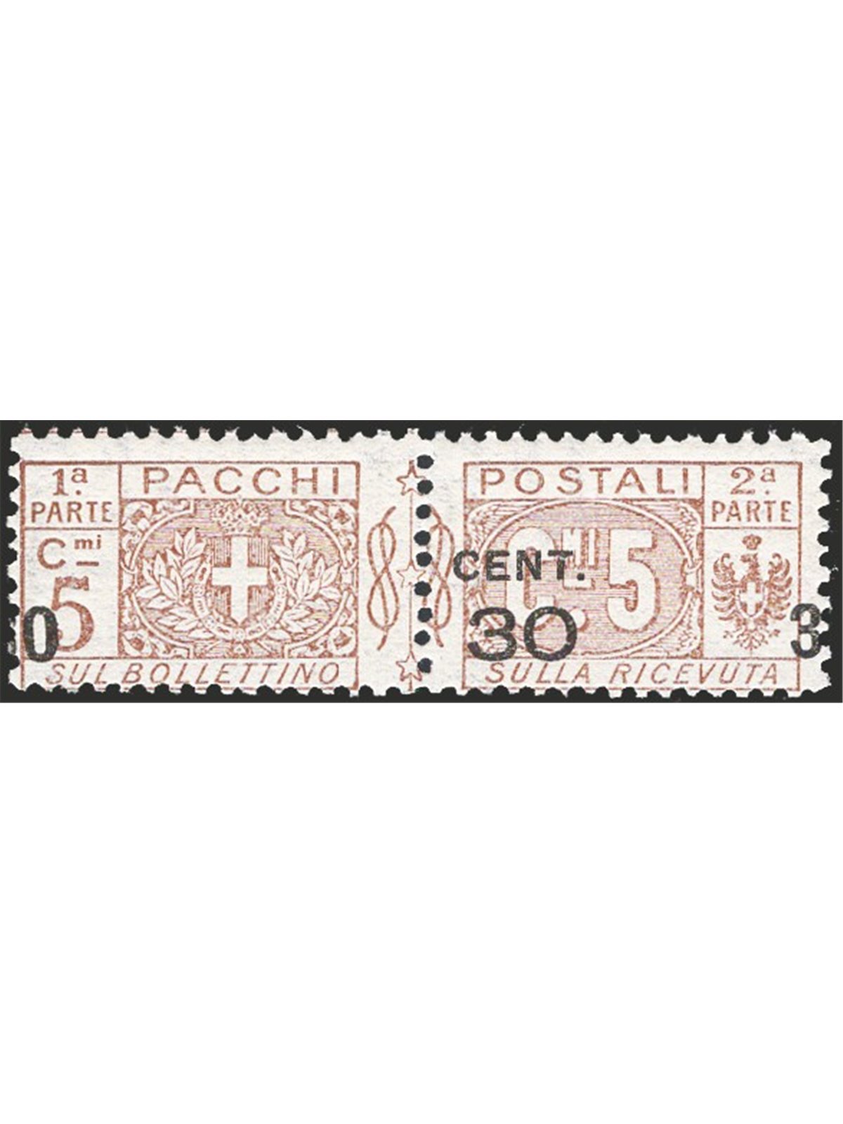 Italia 1923 Pacchi postali 30 c. su 5 c. bruno con soprast. fortemente spostata a sinistra “O 30 3” n° 20ge Cert. CiBaFil Cat. €