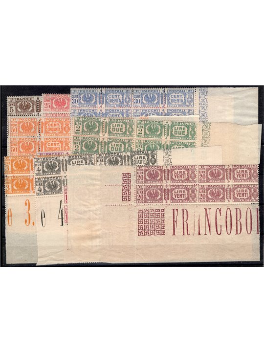 Italy 1927/32 Postal parcels Savoy eagle series No. 24/35 in a block of four sheet corner Cat. €265 (**)