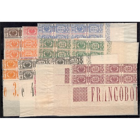 Italy 1927/32 Postal parcels Savoy eagle series No. 24/35 in a block of four sheet corner Cat. €265 (**)